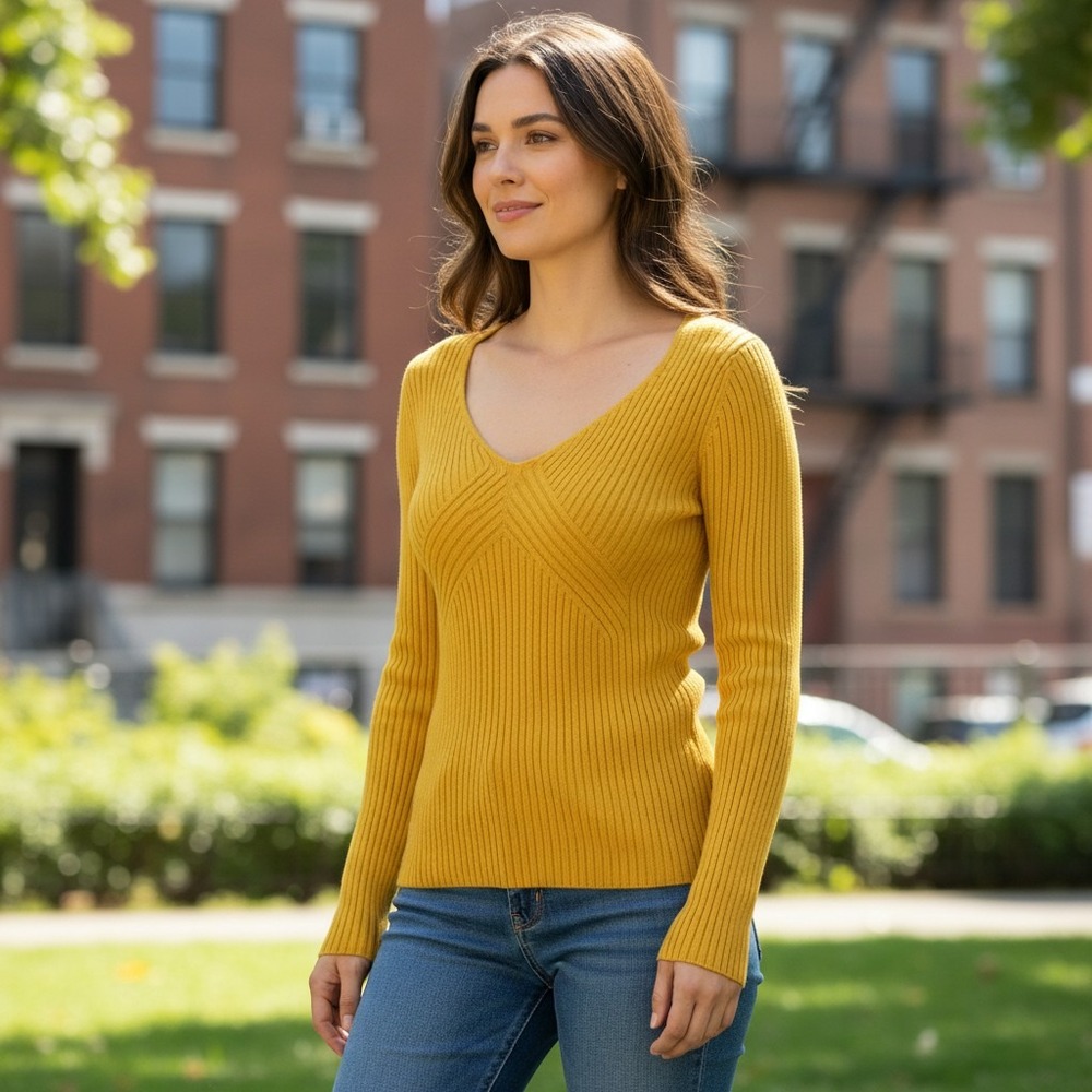 By Anthropologie Citron Yellow Ribbed V-Neck Knit Sweater Small NWT 65503245